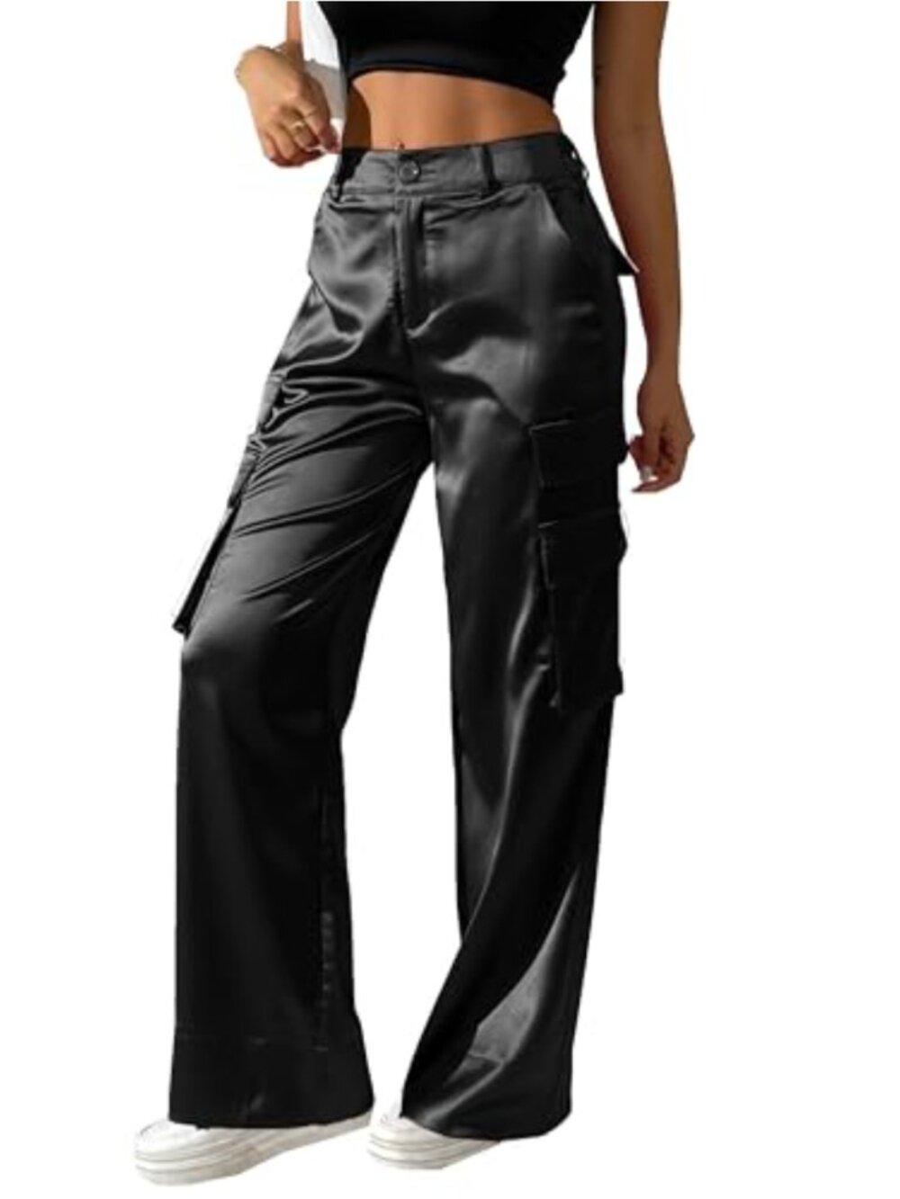 Satin Cargo Wide Leg Pants High Waisted Pocketed Dressy Casual Long Trouser